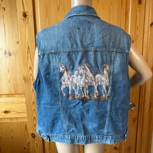 Vintage Y2K Old Navy Blue Denim Jean Vest XXL Embroidered Horses Western